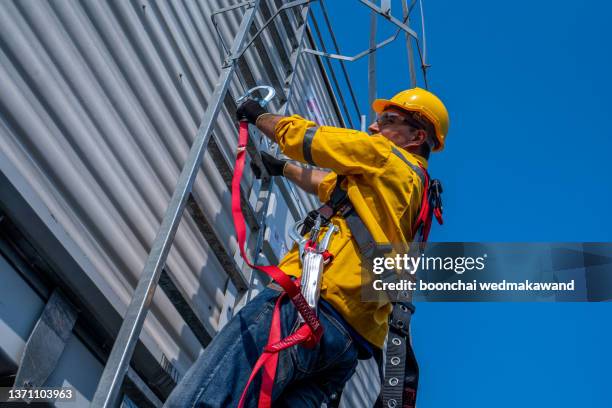 construction worker use safety harness and safety belt working for high rise site project. - sicherheitsgurt sicherheitsausrüstung stock-fotos und bilder