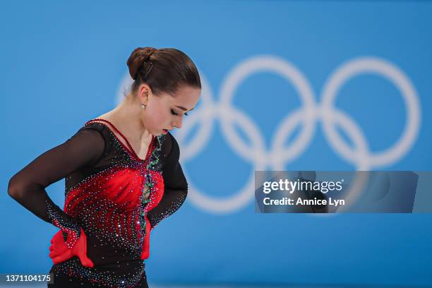 Kamila Valieva of Team ROC reacts after skating during the Women Single Skating Free Skating on day thirteen of the Beijing 2022 Winter Olympic Games...