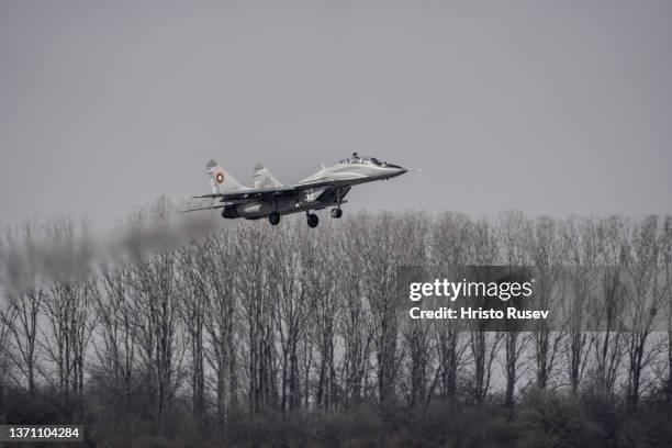 Bulgarian Air Force MiG-29 performs during the joint tasks on enhanced airspace protection Air Policing by the Bulgarian and Spanish Air Forces on...