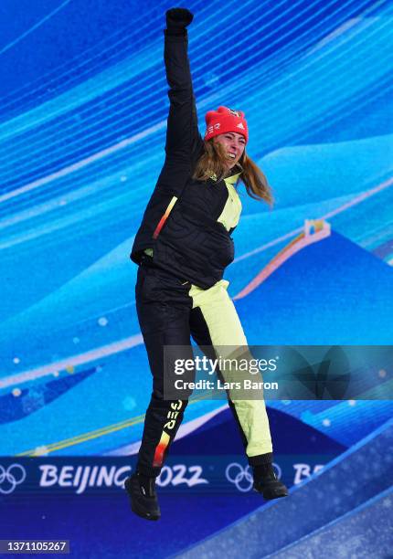 Bronze medallist Daniela Maier of Team Germany celebrates during the Women's Ski Cross medal ceremony on Day 13 of the Beijing 2022 Winter Olympics...