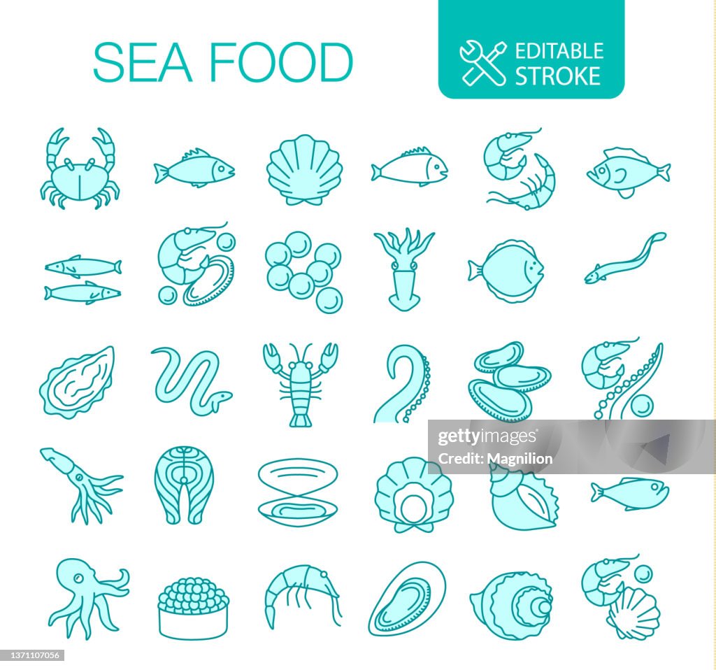 Seafood Line Icons Set Editable stroke
