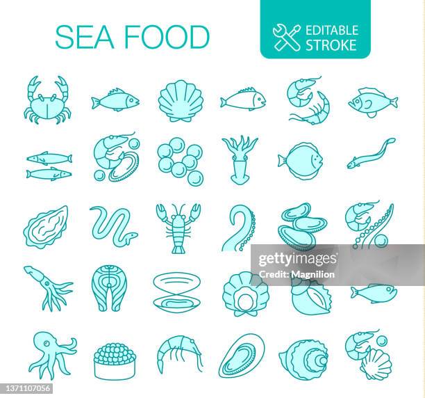 seafood line icons set editable stroke - fish farm stock illustrations