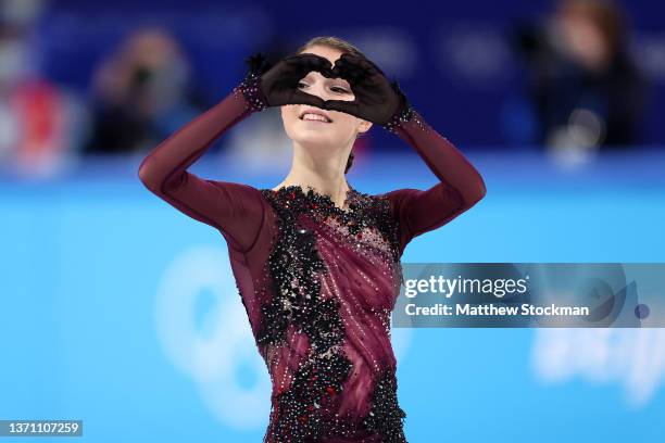 Anna Shcherbakova of Team ROC reacts after skating during the Women Single Skating Free Skating on day thirteen of the Beijing 2022 Winter Olympic...