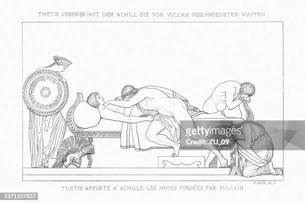 thetis delivers new armour to grieving achilles.s (iliad), published 1833 - achilles stock illustrations