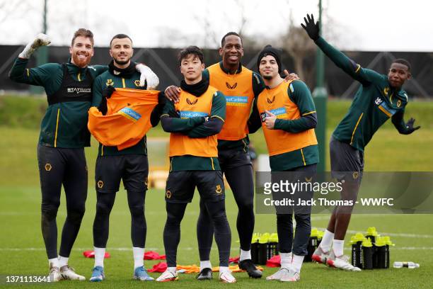 Jose Sa, Romain Saiss, Hee-chan Hwang, Willy Boly and Rayan Ait-Nouri of Wolverhampton Wanderers pose for a photo during a Wolverhampton Wanderers...