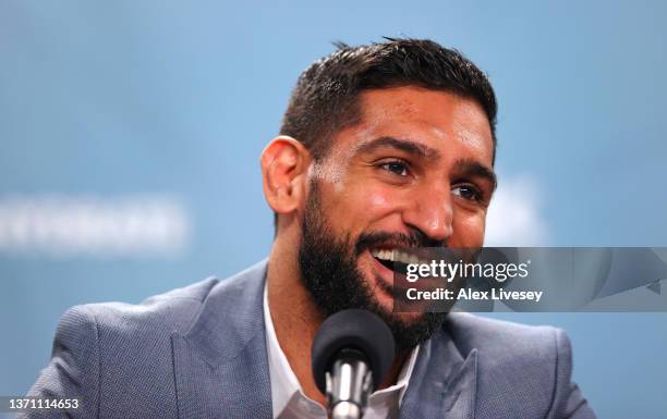 Amir Khan faces the media during a BOXXER press conference ahead of his fight against Kell Brook at Manchester Central Convention Complex on February...