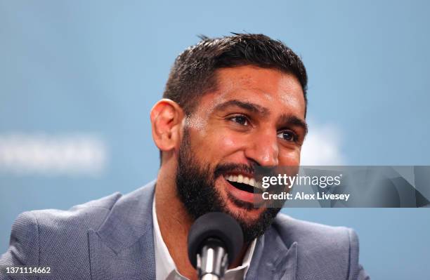 Amir Khan faces the media during a BOXXER press conference ahead of his fight against Kell Brook at Manchester Central Convention Complex on February...