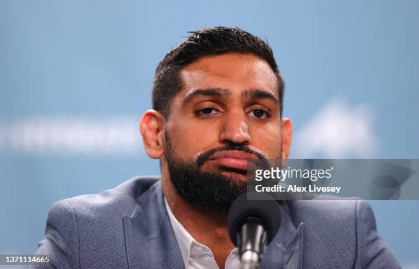 Amir Khan faces the media during a BOXXER press conference ahead of his fight against Kell Brook at Manchester Central Convention Complex on February...