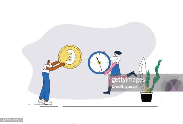 two white-collar workers exchange euros with a clock. - make time stock illustrations