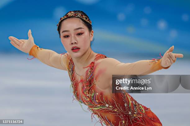 Wakaba Higuchi of Team Japan skates during the Women Single Skating Free Skating on day thirteen of the Beijing 2022 Winter Olympic Games at Capital...