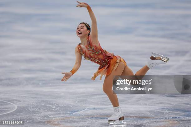 Wakaba Higuchi of Team Japan skates during the Women Single Skating Free Skating on day thirteen of the Beijing 2022 Winter Olympic Games at Capital...