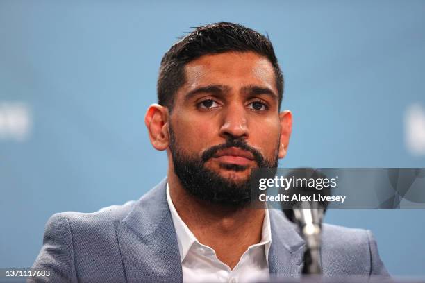 Amir Khan faces the media during a BOXXER press conference ahead of his fight against Kell Brook at Manchester Central Convention Complex on February...