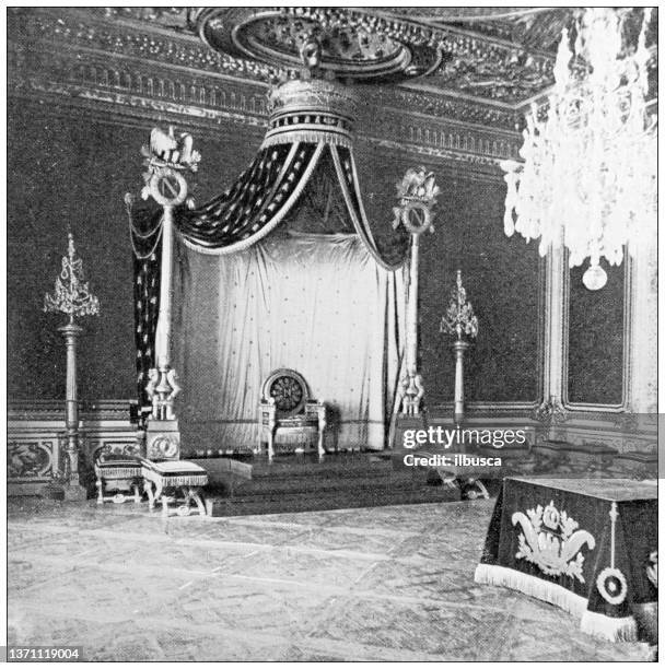 antique travel photographs of france: napoleon's throne at fontainebleau - palace throne stock illustrations