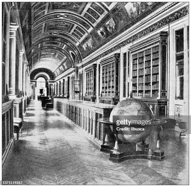 antique travel photographs of france: library, fontainebleau - archival library stock illustrations