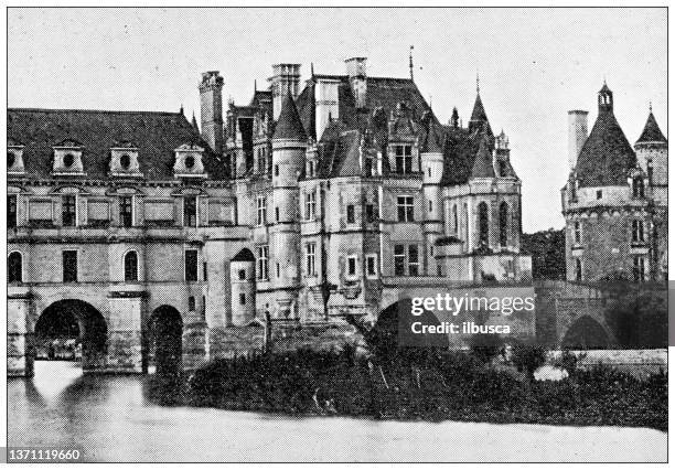 antique travel photographs of france: chenonceaux - château de chenonceau stock illustrations