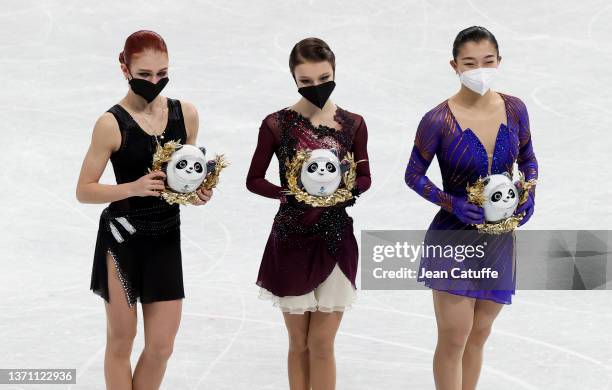 Gold medallist Anna Shcherbakova of Team Russia , Silver Medallist Alexandra Trusova of Team Russia and Bronze Medallist Kaori Sakamoto of Team Japan...