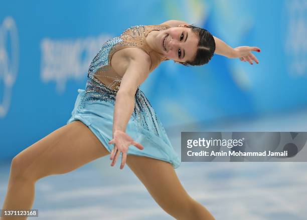 Alysa Liu of Team United States reacts after skating during the Women Single Skating Free Skating on day thirteen of the Beijing 2022 Winter Olympic...