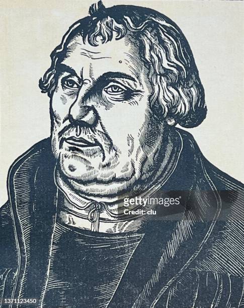 ilustrações, clipart, desenhos animados e ícones de retrato de martinho lutero, xilogravura por lukas cranach - antique