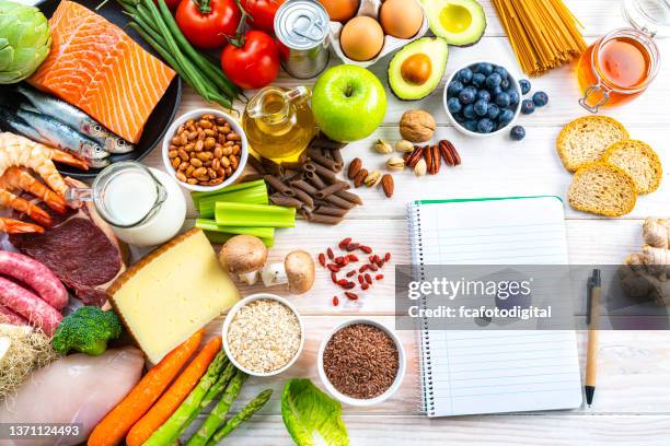 large group of food and blank note pad - diet journal stockfoto's en -beelden