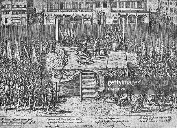 execution of the counts egmont and huorn in the market square in brussels - execution equipment stock illustrations