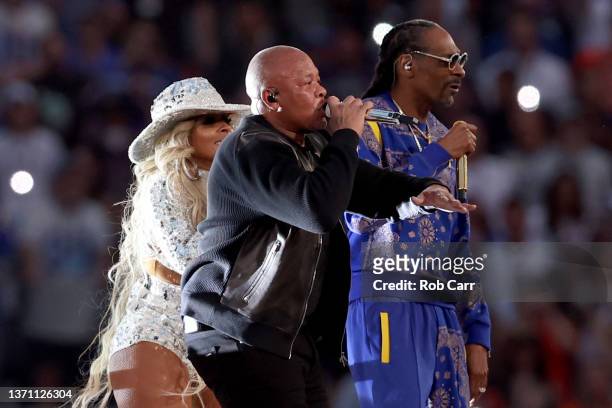 Dr. Dre performs alongside Mary J. Mary J. Blige and Snoop Dogg during the Pepsi Super Bowl LVI Halftime Show at SoFi Stadium on February 13, 2022 in...