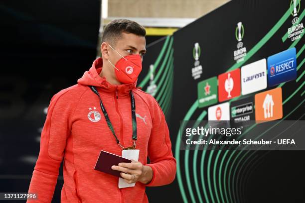Tomas Holes of SK Slavia Praha arrives at the stadium prior to the UEFA Europa Conference League Knockout Round Play-Offs Leg One match between...