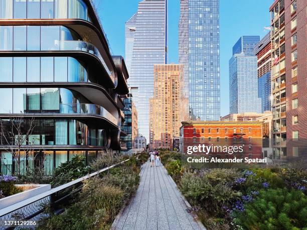 high line park and hudson yards skyscrapers in new york city, usa - manhattan photos et images de collection