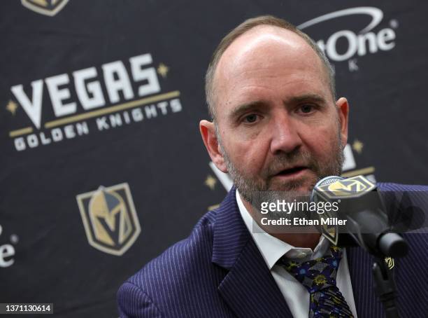 Head coach Peter DeBoer of the Vegas Golden Knights speaks at a news conference after a game against the Colorado Avalanche at T-Mobile Arena on...