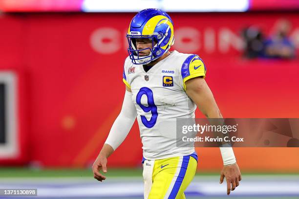 Matthew Stafford of the Los Angeles Rams looks on during the fourth quarter of Super Bowl LVI against the Cincinnati Bengals at SoFi Stadium on...