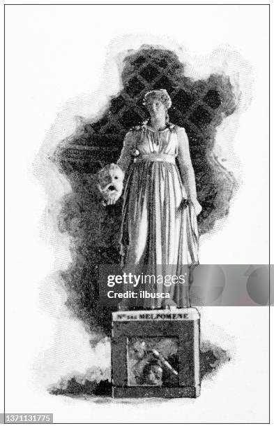 antique travel photographs of france: melpomene muse statue - greek tragedy mask stock illustrations