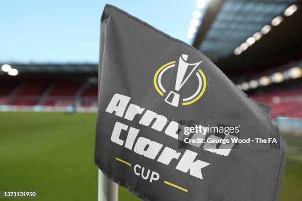 Detailed view of an Arnold Clark corner flag is seen prior to the Arnold Clark Cup match between England and Canada at Riverside Stadium on February...