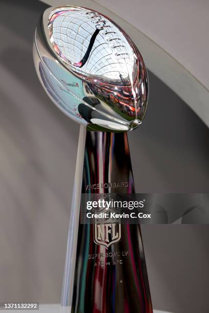 The Lombardi Trophy is seen during Super Bowl LVI between the Los Angeles Rams and Cincinnati Bengals at SoFi Stadium on February 13, 2022 in...