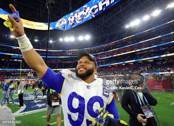 Aaron Donald of the Los Angeles Rams celebrates after defeating the Cincinnati Bengals during Super Bowl LVI at SoFi Stadium on February 13, 2022 in...