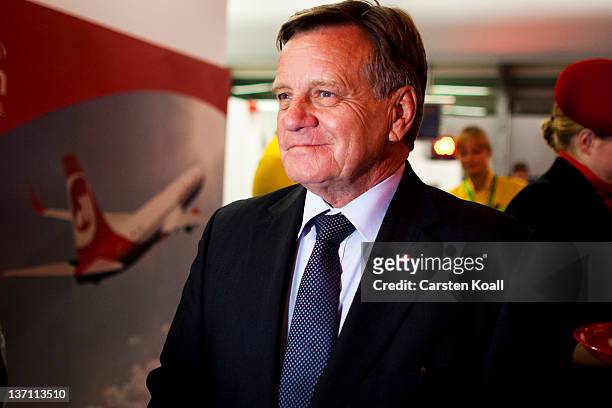 Hartmut Mehdorn, CEO of Air Berlin, attends the launch of Air Berlin service to Abu Dhabi at Tegel Airport on January 15, 2012 in Berlin, Germany....