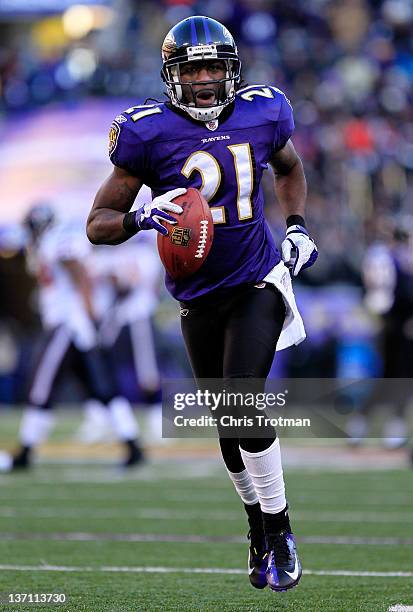 Lardarius Webb of the Baltimore Ravens celebrates intercepting the ball against the Houston Texans during the AFC Divisional playoff game at M&T Bank...