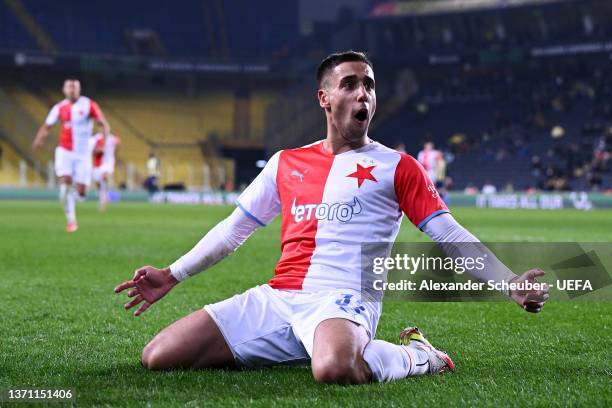 Ondrej Lingr of SK Slavia Praha celebrates after scoring their team's third goalduring the UEFA Europa Conference League Knockout Round Play-Offs Leg...