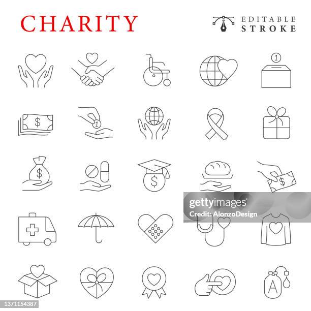 charity und spende linie icons. bearbeitbarer strich. - money donation stock-grafiken, -clipart, -cartoons und -symbole