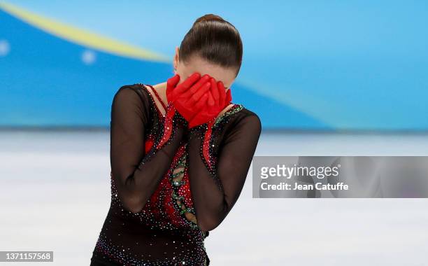 Kamila Valieva of Russia looks dejected following her performance during the Women Single Skating Free Skating on day thirteen of the Beijing 2022...