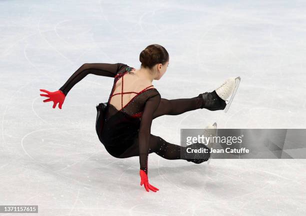 Kamila Valieva of Russia falls on ice during the Women Single Skating Free Skating on day thirteen of the Beijing 2022 Winter Olympic Games at...