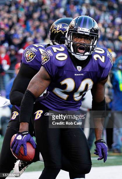 Ed Reed of the Baltimore Ravens celebrates after intercepting a Houston Texans pass during the fourth quarter of the AFC Divisional playoff game at...