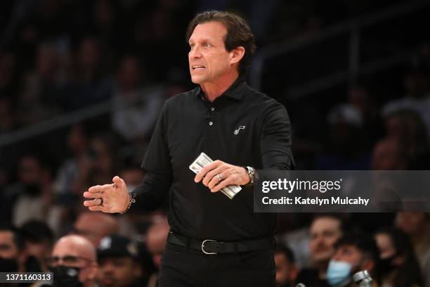 Head coach Quin Snyder of the Utah Jazz reacts to a play during the first quarter against the Los Angeles Lakers at Crypto.com Arena on February 16,...