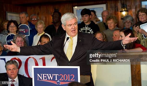 Presidential Republican primary candidate and former Speaker of the US House of Representatives, Newt Gingrich , addresses the crowd of several...