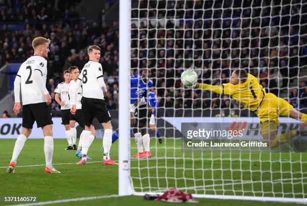 Wilfred Ndidi of Leicester City scores their team's first goal past Patrik Carlgren of Randers FC during the UEFA Europa Conference League Knockout...