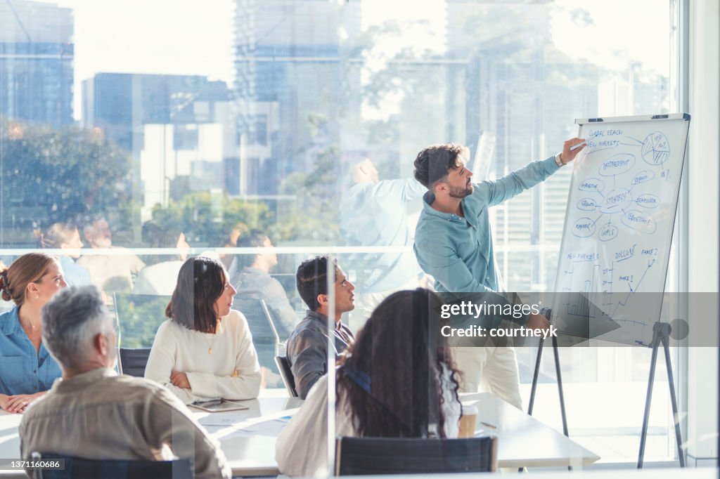 Geschäftsleute, die sich eine Präsentation auf dem Whiteboard ansehen.