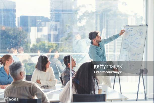 geschäftsleute, die sich eine präsentation auf dem whiteboard ansehen. - organised group stock-fotos und bilder