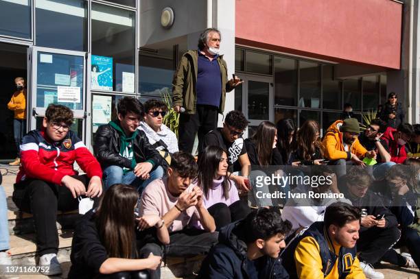 Students and professors of the Liceo Valentini-Majorana during the occupation against sexual harassment cases on February 17, 2022 in Castrolibero,...