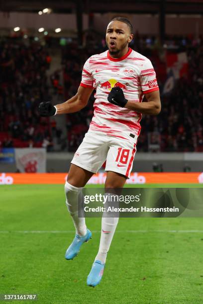 Christopher Nkunku of RB Leipzig celebrates after scoring their team's first goal during the UEFA Europa League Knockout Round Play-Offs Leg One...