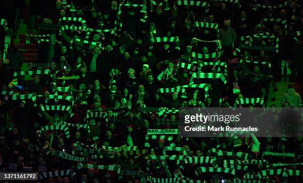 Celtic fans are pictured during the UEFA Europa Conference League Knockout Round Play-Off Leg One match between Celtic FC and FK Bodoe/Glimt at...