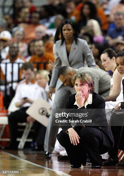 Coach Gail Goestenkors of the Texas Longhorns looks on during a game against the Baylor Bears at The Frank Erwin Center on January 15, 2012 in...