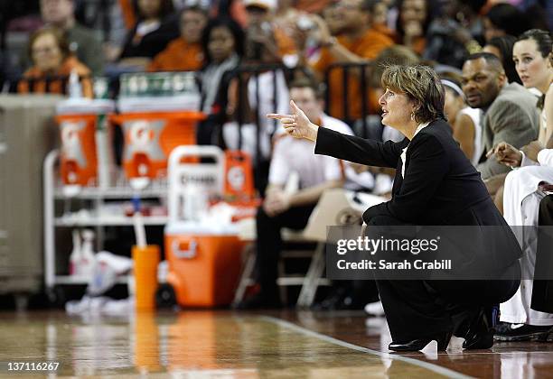 Coach Gail Goestenkors of the Texas Longhorns looks on during a game against the Baylor Bears at The Frank Erwin Center on January 15, 2012 in...